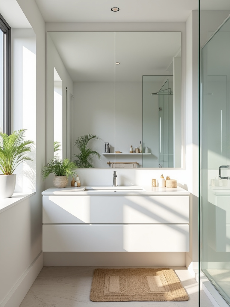 Large frameless mirror in a small apartment bathroom, creating the illusion of a bigger space.