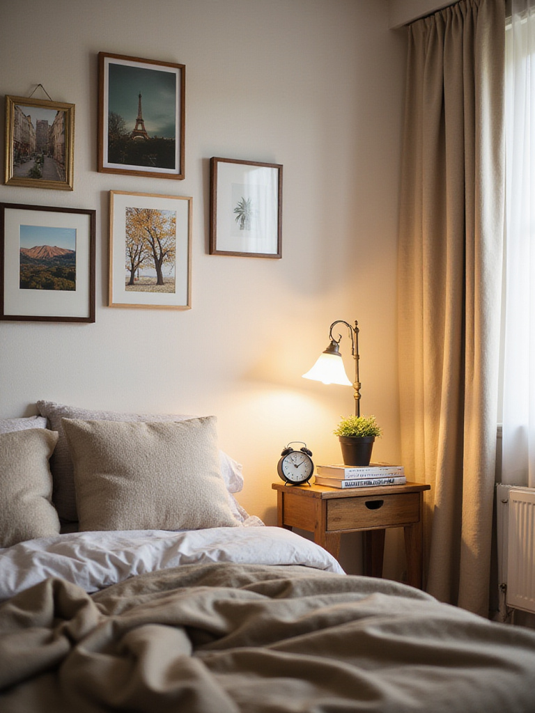 Cozy bedroom with personalized gallery wall, soft lighting, and comfortable bedding.