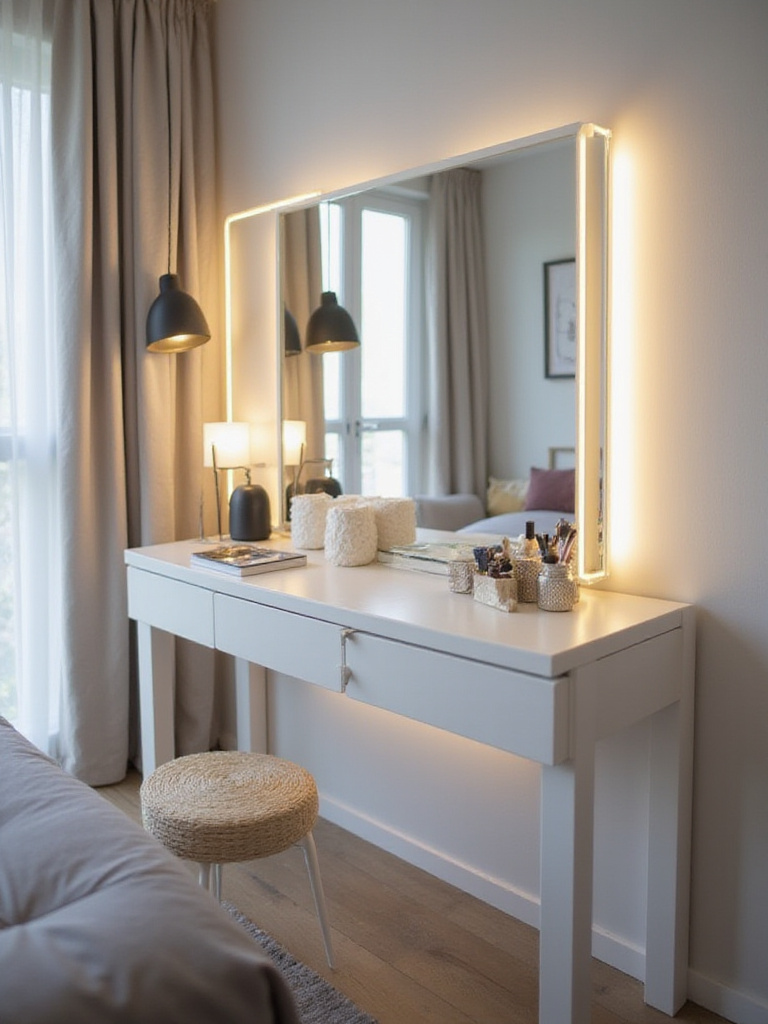 Modern bedroom with white makeup vanity and integrated LED lighting.