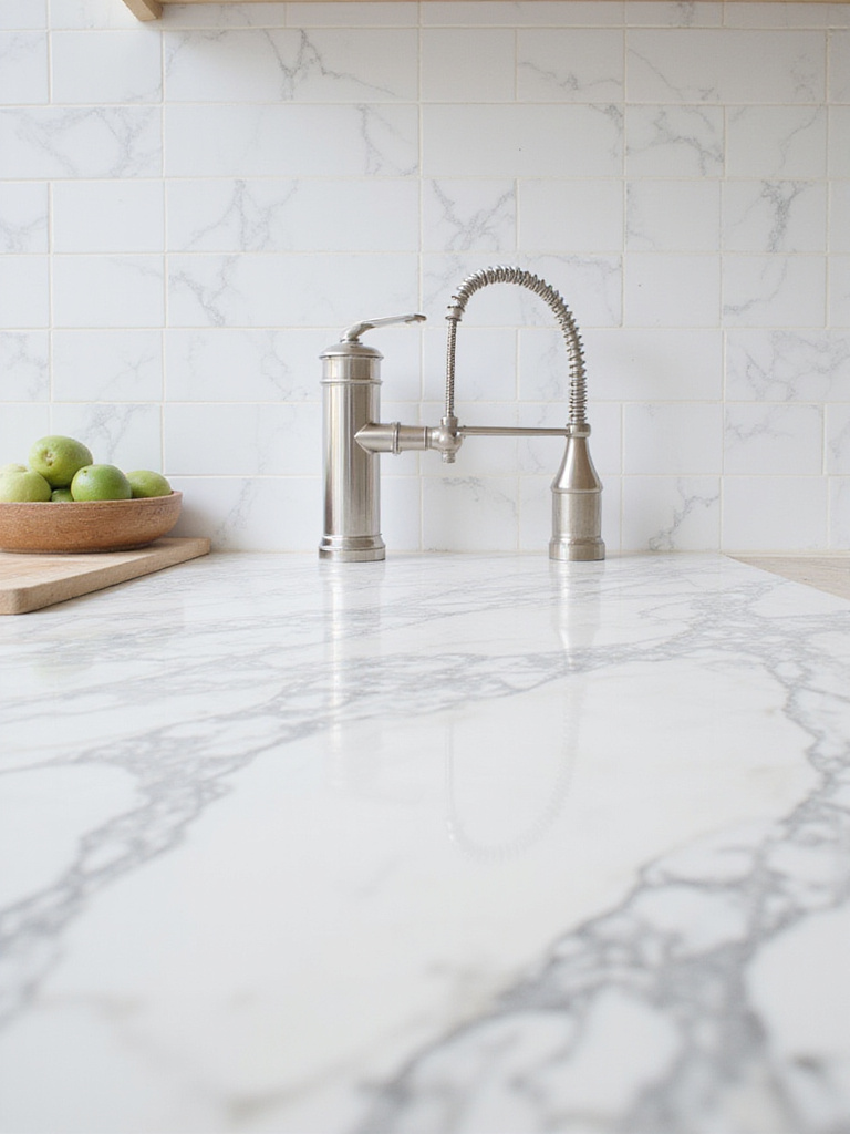 Luxurious kitchen featuring Calacatta marble countertops and white subway tile backsplash.
