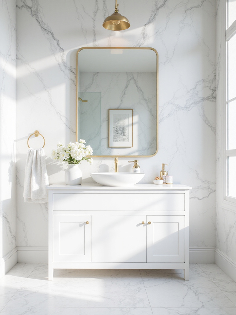Bathroom featuring faux marble wallpaper accent wall and modern white vanity
