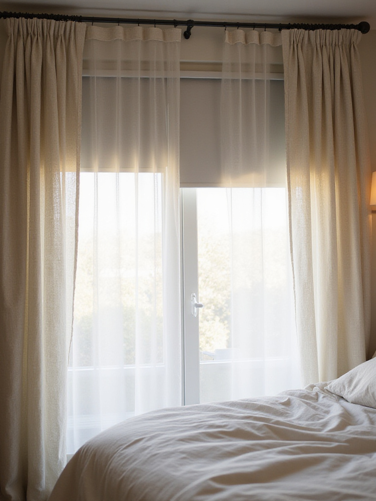 Apartment bedroom with layered window treatments: blackout roller shades and sheer curtains.