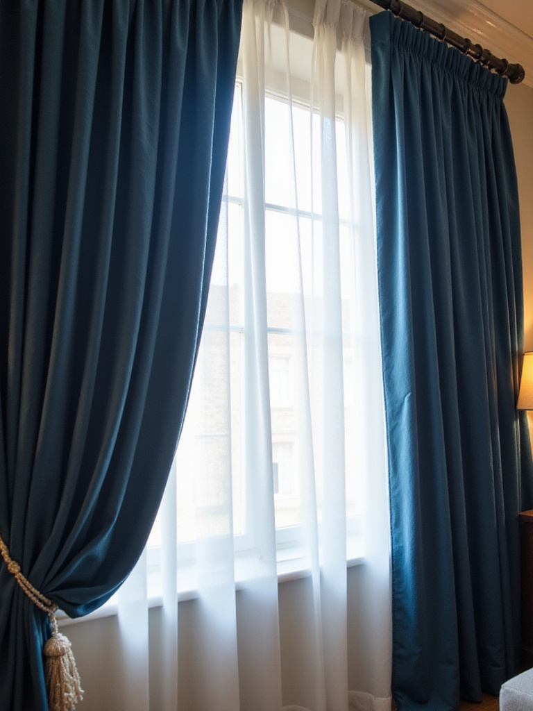 Living room with layered sheer and velvet curtains for adjustable light control.