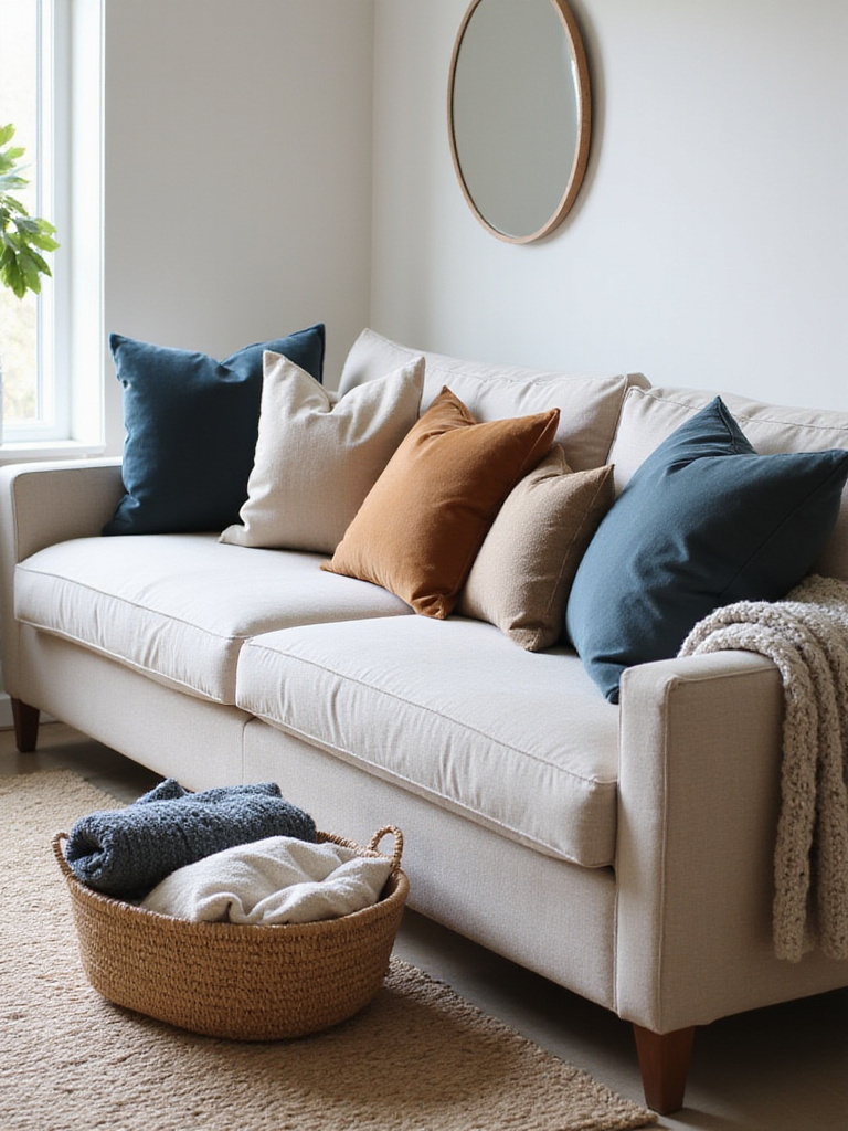 Neutral living room with stylishly arranged throw pillows and a cozy throw blanket