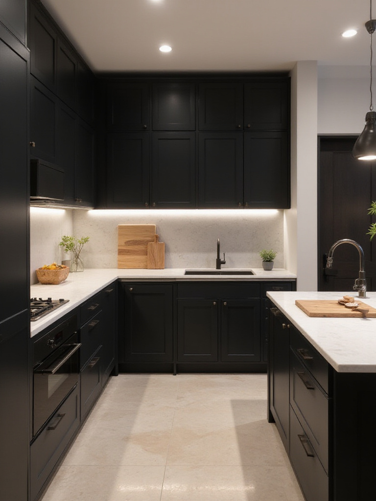 Modern kitchen with sophisticated matte black cabinets and light countertops.