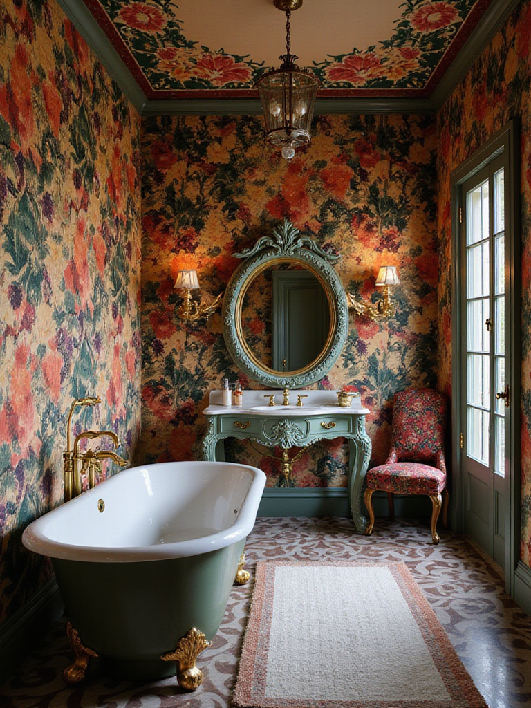 Luxurious bathroom with bold maximalist wallpaper featuring floral and geometric patterns.