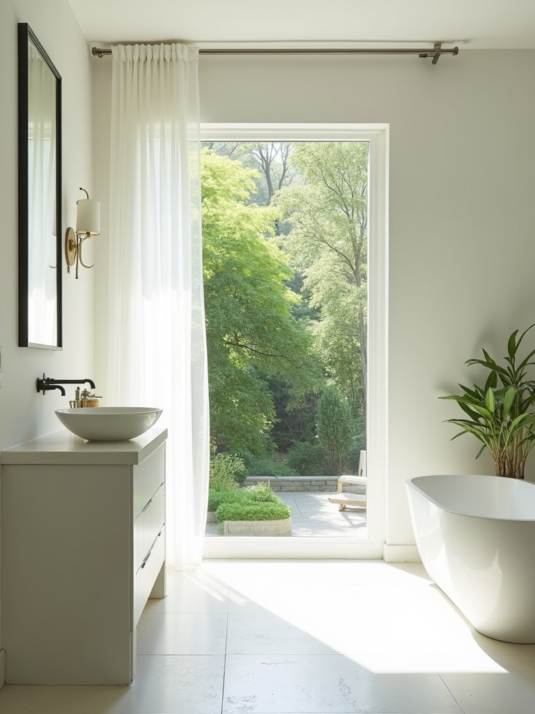 Minimalist bathroom design featuring large window maximizing natural light