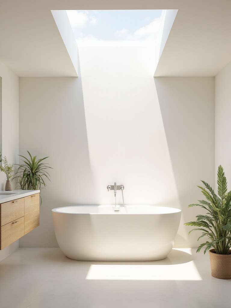 Modern bathroom with large skylight providing natural light above bathtub.