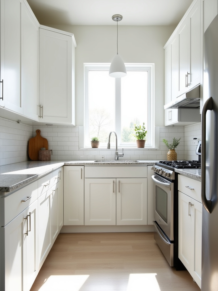 Small white kitchen with shaker cabinets, light countertops, and ample natural light.