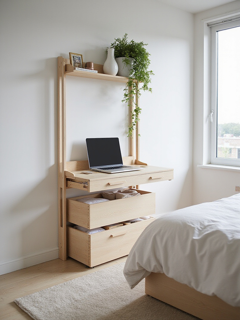 Modern apartment bedroom featuring a fold-down desk and storage bed to maximize space.