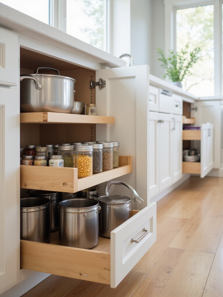 Kitchen base cabinets with pull-out shelves and organizers for pots, pans, spices, and waste.