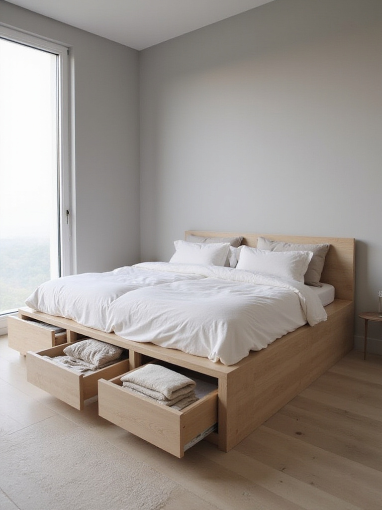 Modern bedroom with a light wood bed frame featuring built-in storage drawers filled with linens.