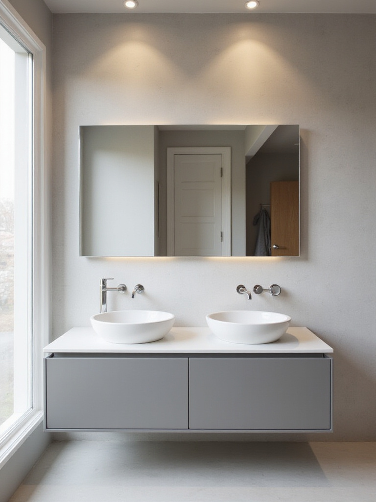 Frameless bathroom mirror reflecting modern bathroom design, maximizing space.