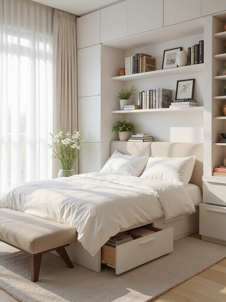Serene and organized bedroom with built-in storage solutions: headboard, under-bed drawers, and floating shelves.
