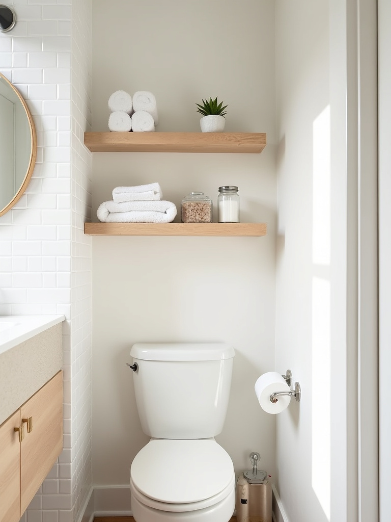 Floating shelves above toilet in apartment bathroom, maximizing vertical space