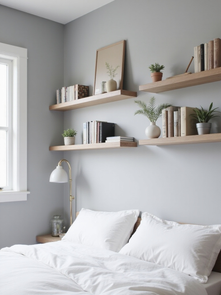 Modern apartment bedroom with light gray walls and stylish floating shelves above the bed, displaying books and plants.