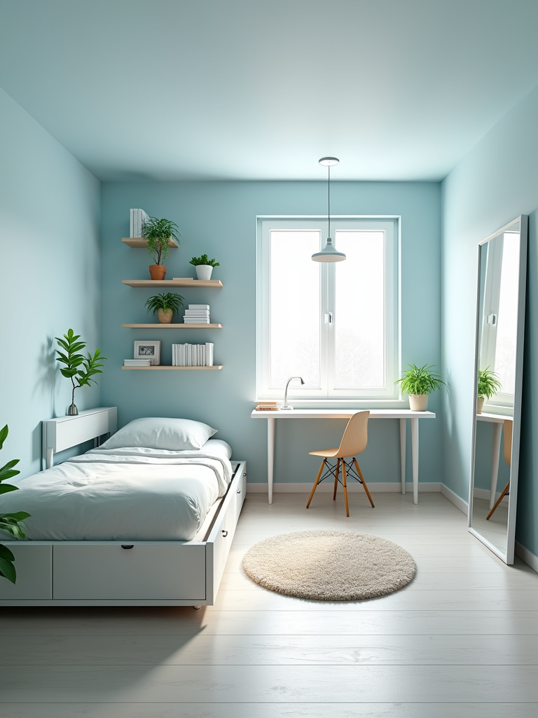 Small bedroom design ideas for maximizing space with floating shelves, platform bed with storage, and a large mirror.