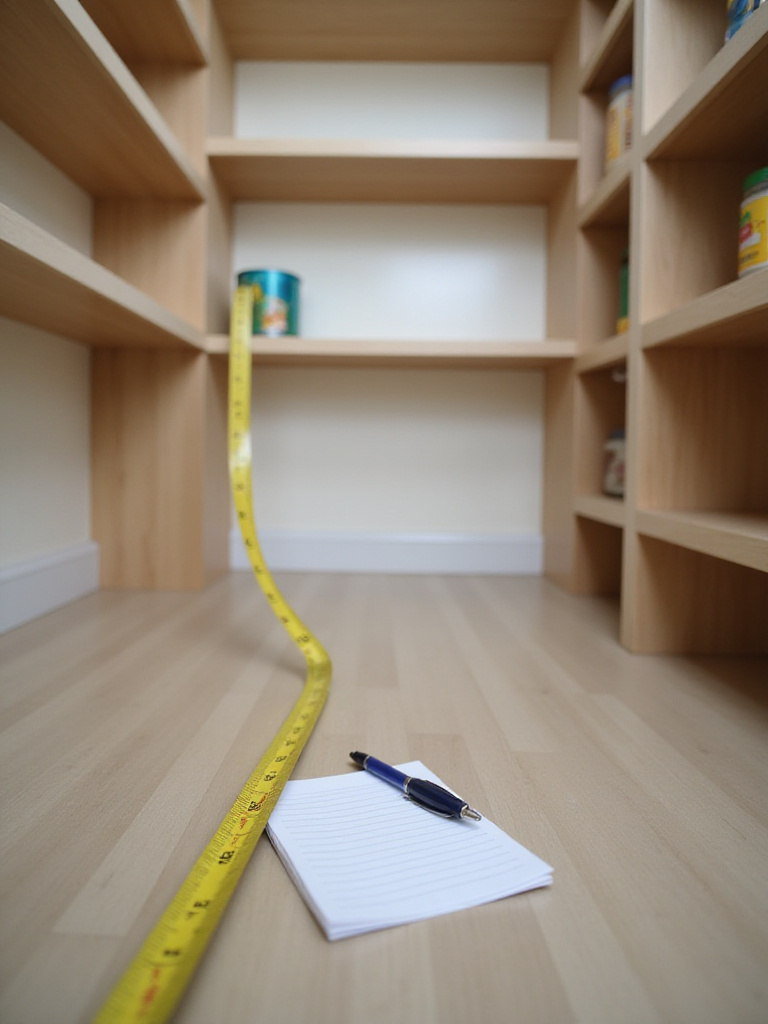Empty pantry with measuring tape and notepad, illustrating pantry planning.
