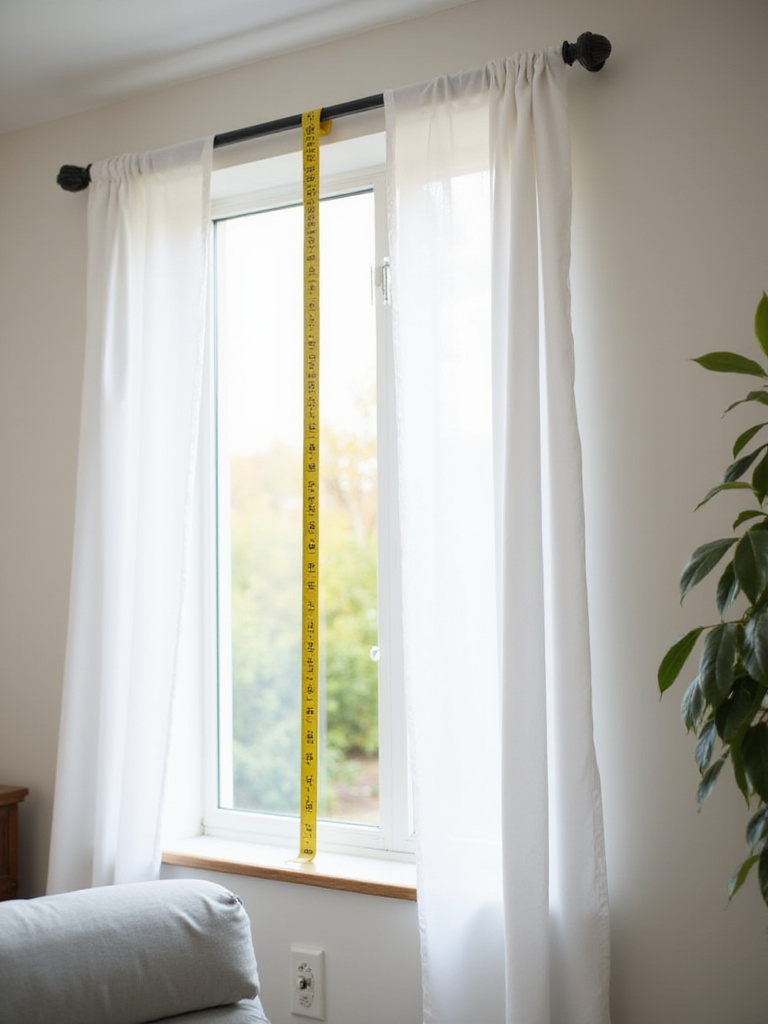 Measuring tape on a curtain rod in a living room.