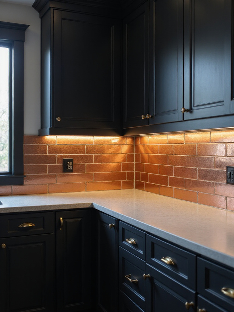 Black kitchen with copper subway tile backsplash