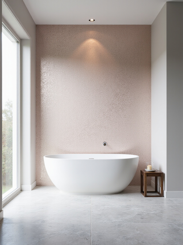 Luxurious bathroom with rose gold metallic accent wallpaper behind a freestanding bathtub.