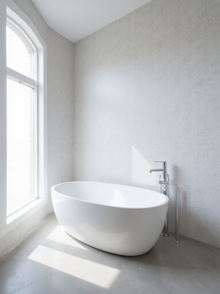 Minimalist chic bathroom with light gray textured geometric wallpaper and freestanding bathtub