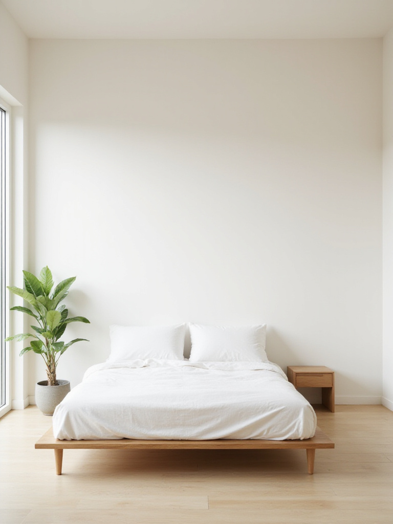 Minimalist apartment bedroom with platform bed, white linens, and natural light.