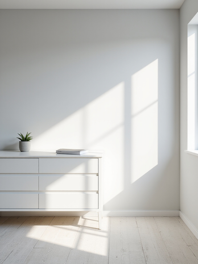 Minimalist white dresser with clean lines in a bright, airy bedroom.