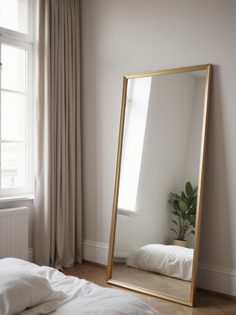 Apartment bedroom with full-length mirror reflecting light and creating the illusion of more space