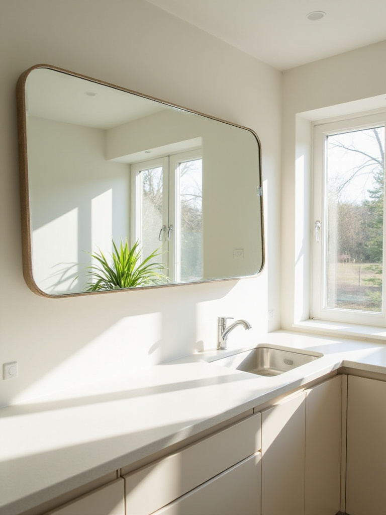Small kitchen with large mirror reflecting light and garden view, creating the illusion of more space.