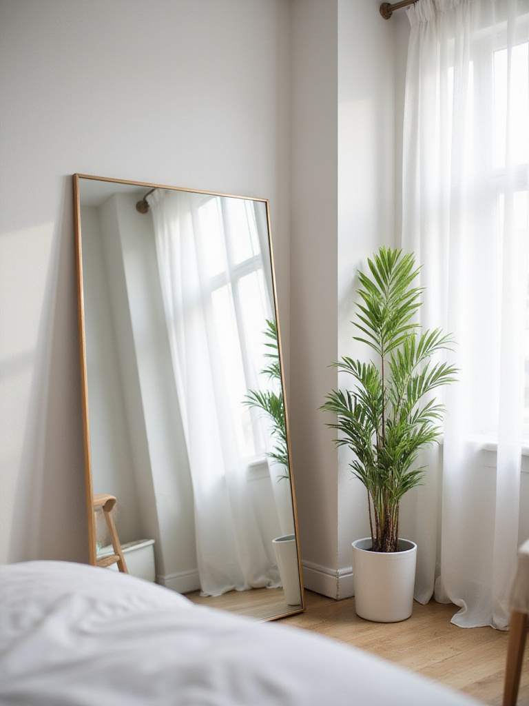 Small apartment bedroom with a large mirror reflecting natural light and creating the illusion of more space.