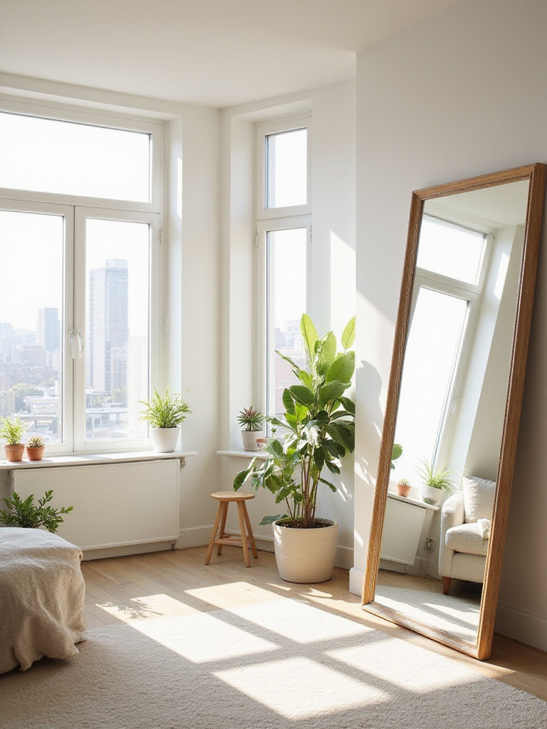 Apartment living room with a large mirror reflecting light and creating a sense of spaciousness.