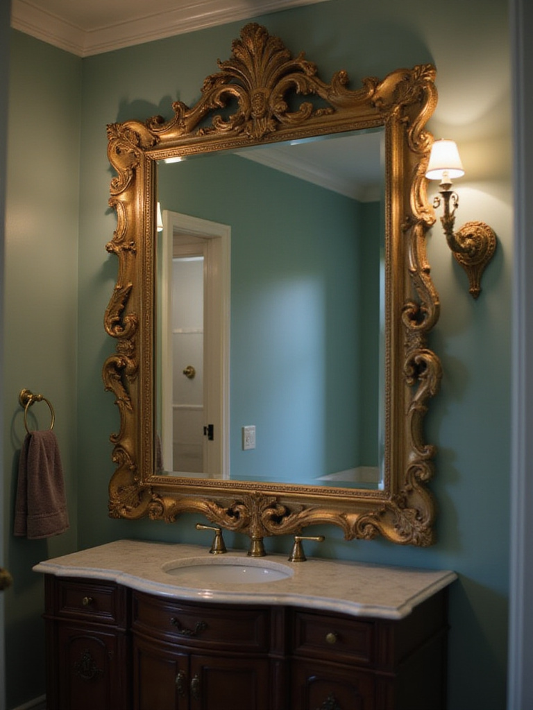 Luxurious bathroom with a vintage gold framed statement mirror reflecting soft lighting.