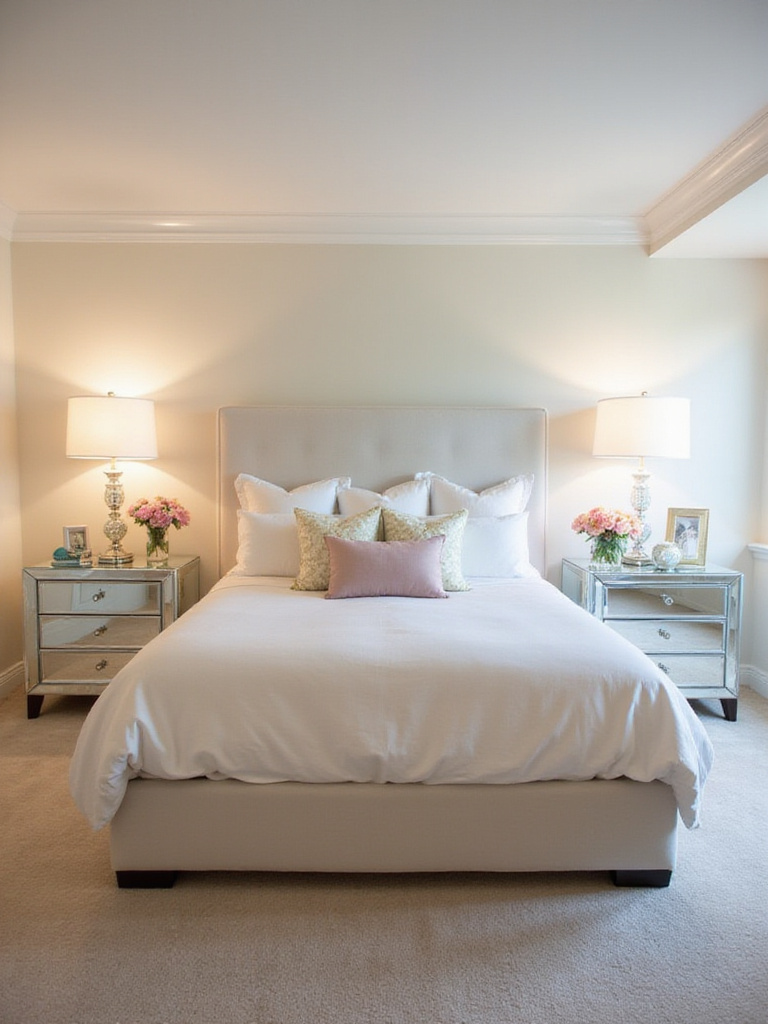 Bedroom with mirrored nightstands enhancing light and glamour