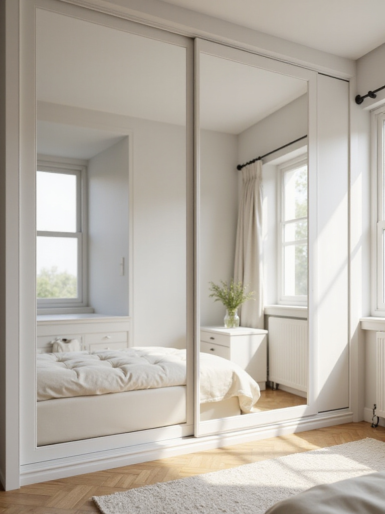 Modern bedroom with full-length mirrored sliding door wardrobe, reflecting light and creating a spacious feel.