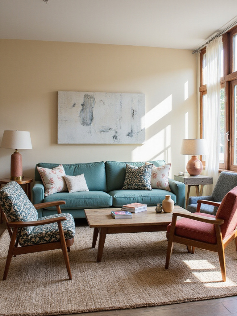 Eclectic living room with mixed furniture styles, including mid-century modern sofa, vintage armchairs, and reclaimed wood coffee table.