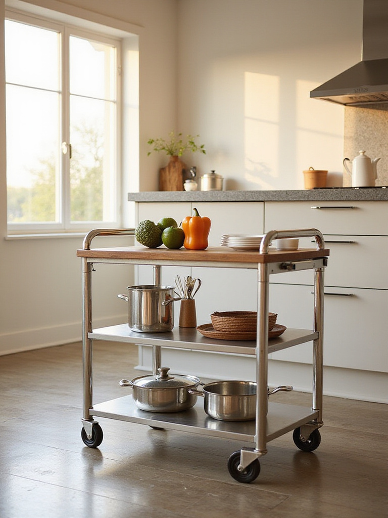 Stylish rolling kitchen cart with butcher block top providing extra prep space in a modern kitchen.