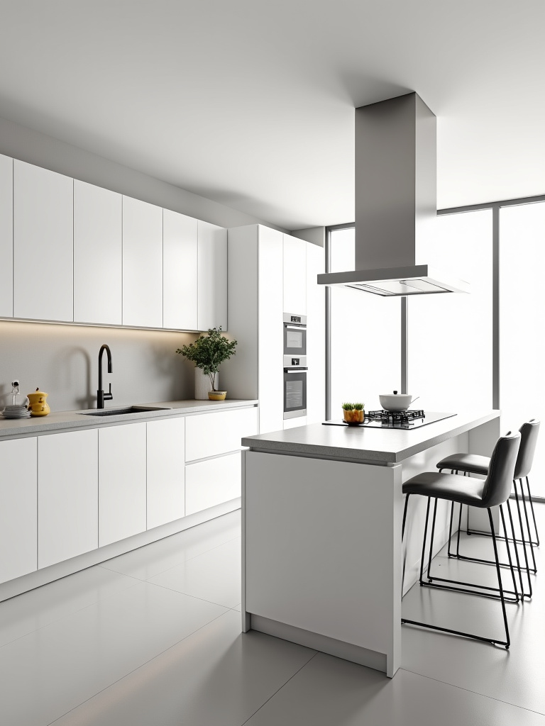 Modern minimalist kitchen with sleek white slab-front cabinets