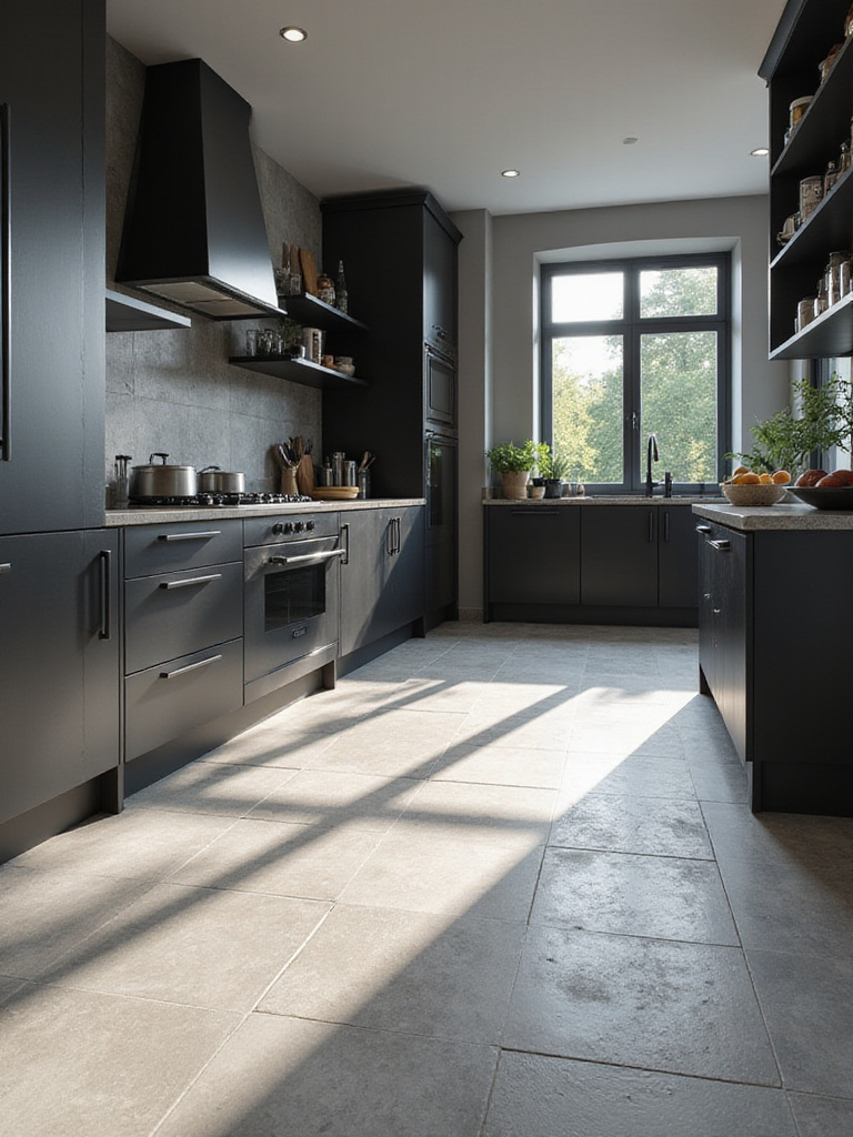 Modern black kitchen with light gray large-format porcelain tile flooring.