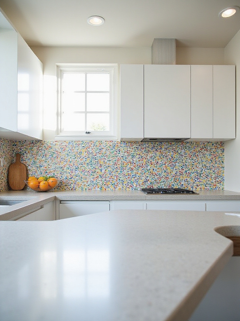 Modern kitchen with vibrant abstract glass mosaic backsplash and light quartz countertops