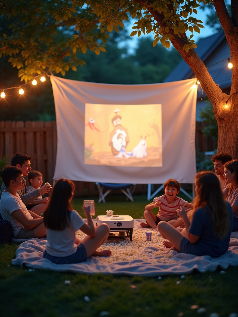 Backyard movie night with family and friends, enjoying a film under the stars on a budget.