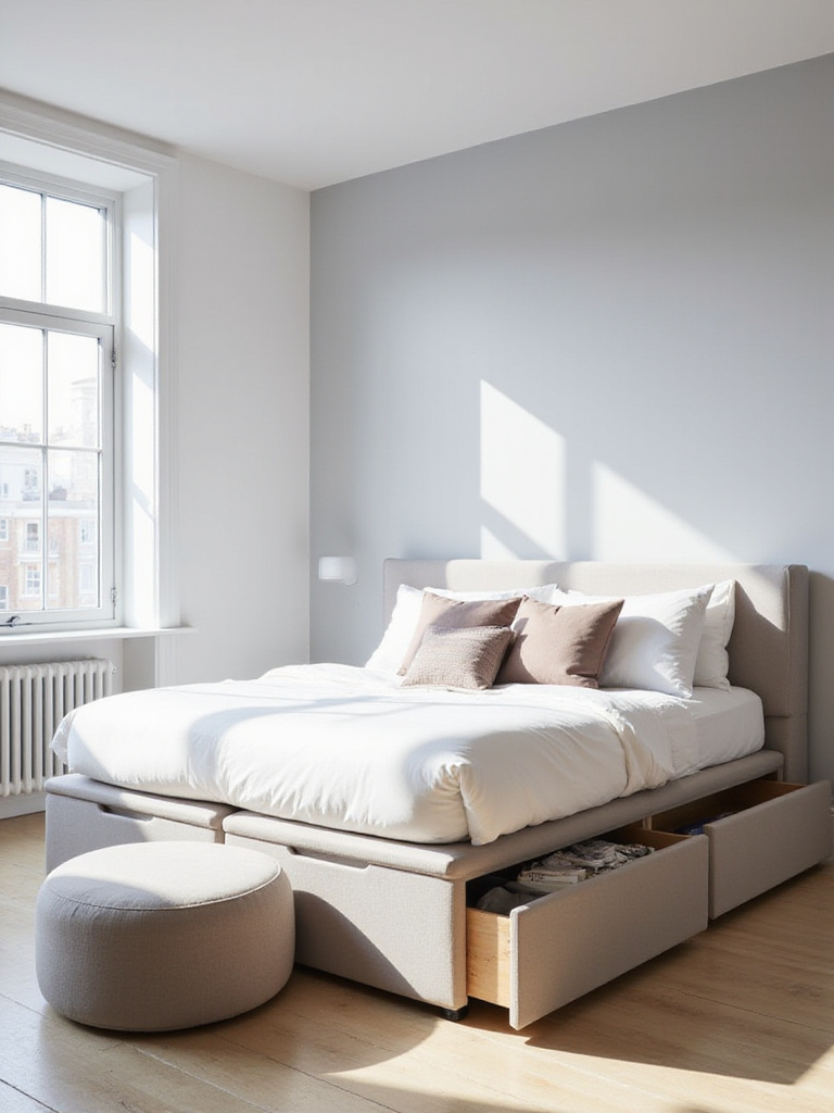 Modern apartment bedroom featuring a platform storage bed with drawers and a round storage ottoman.