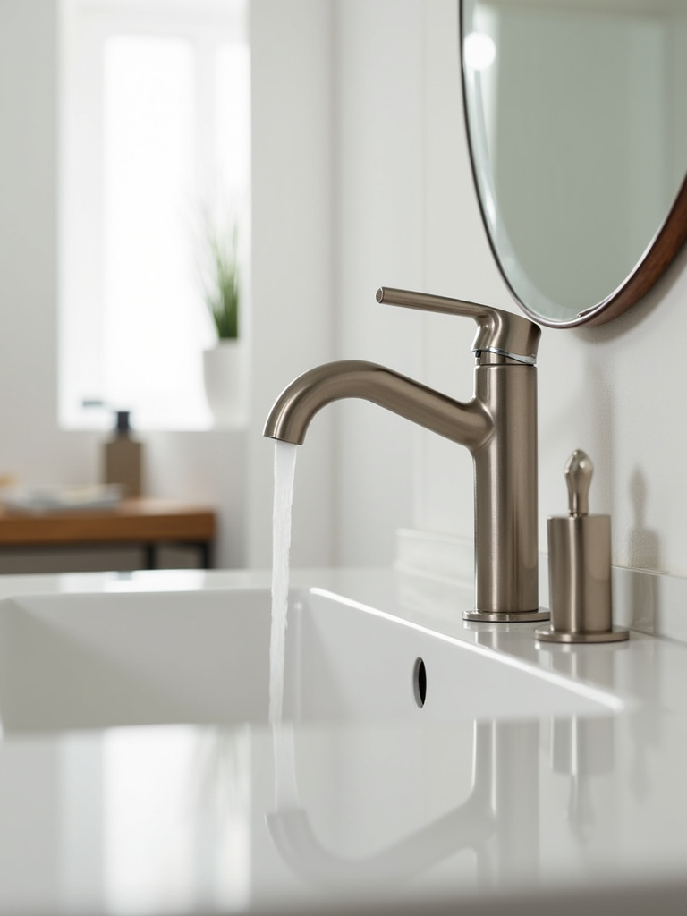 Space-saving faucet with pull-down sprayer in a small apartment bathroom.