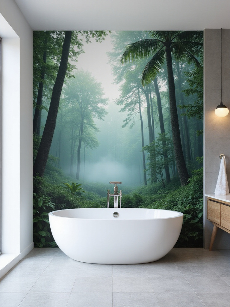 Bathroom featuring a tropical rainforest mural wallpaper behind a freestanding bathtub