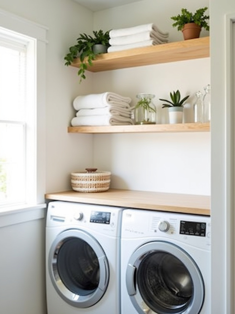 Laundry room with light wood shelving and countertop, creating a warm and inviting space.