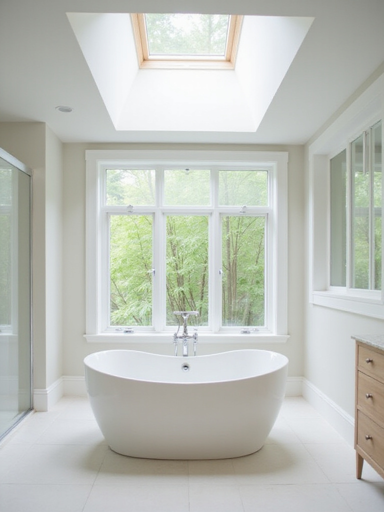 Bright and airy bathroom with large window and skylight, showcasing natural light.