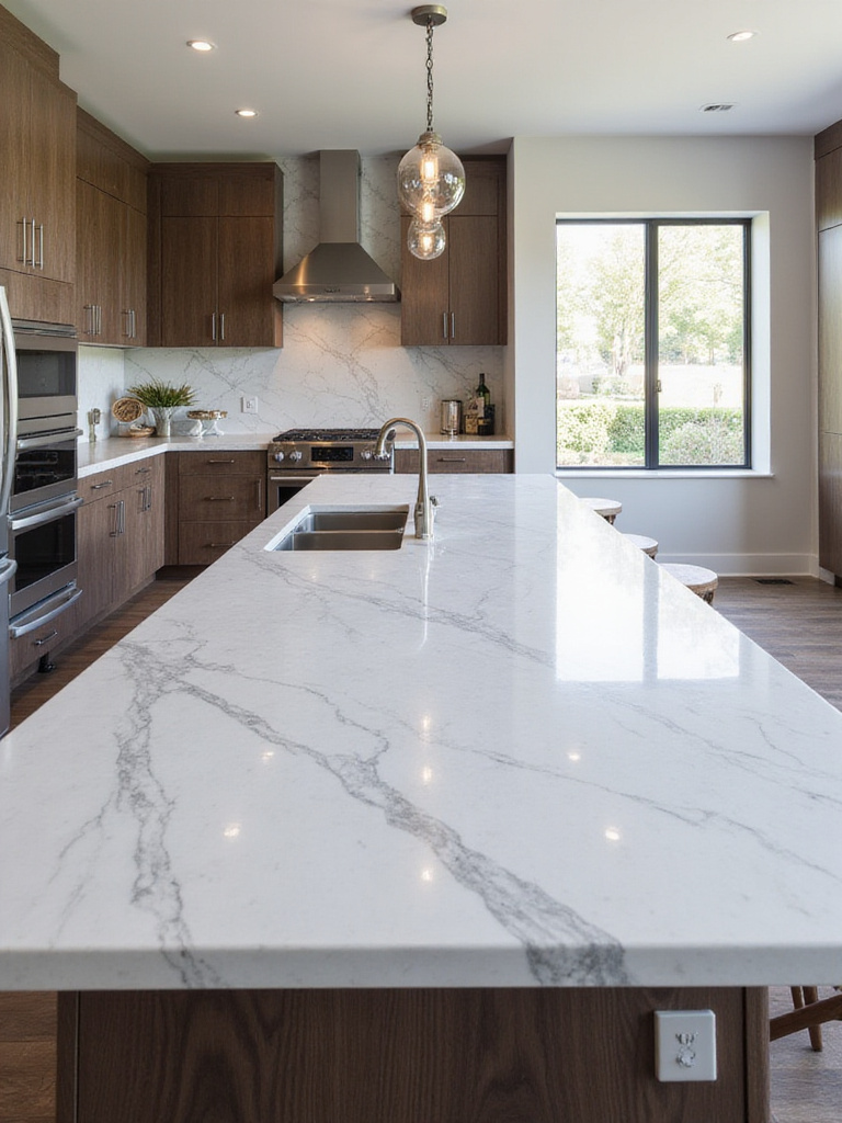 Modern kitchen island with a beautiful white quartzite countertop
