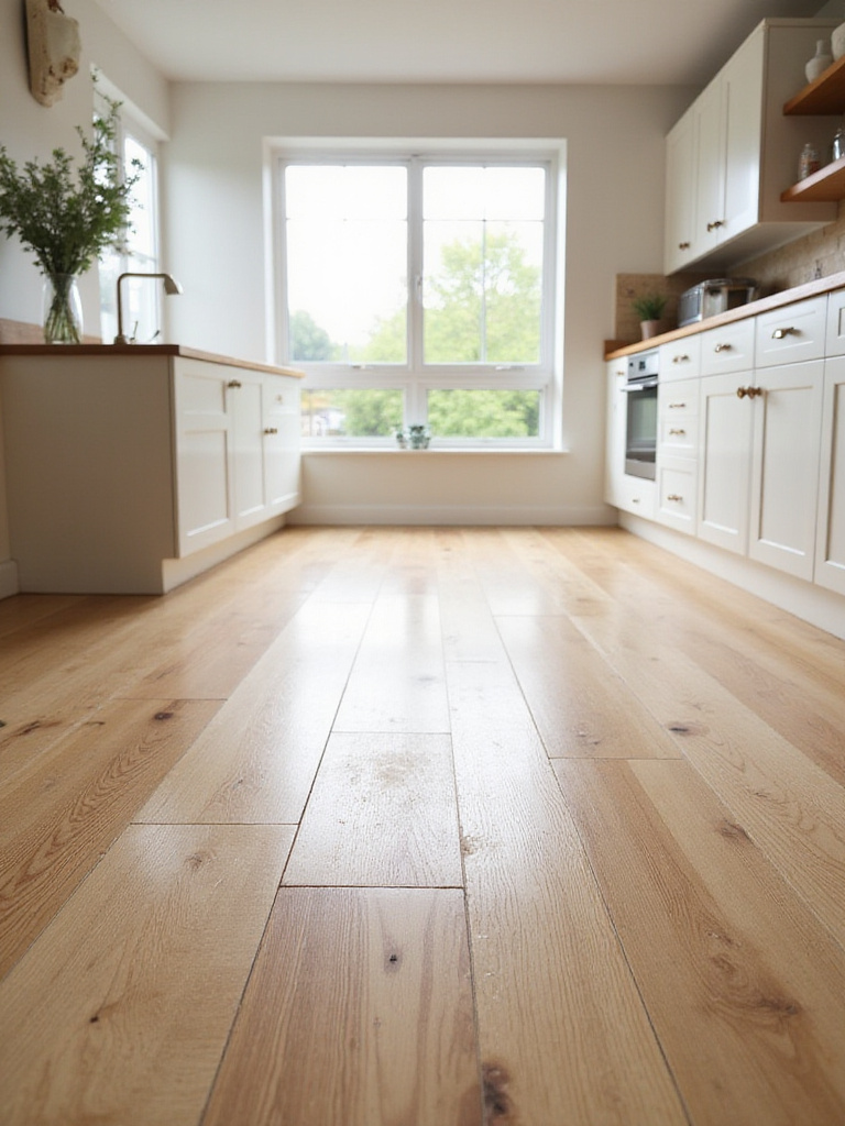 Kitchen with light oak wood-look tile flooring