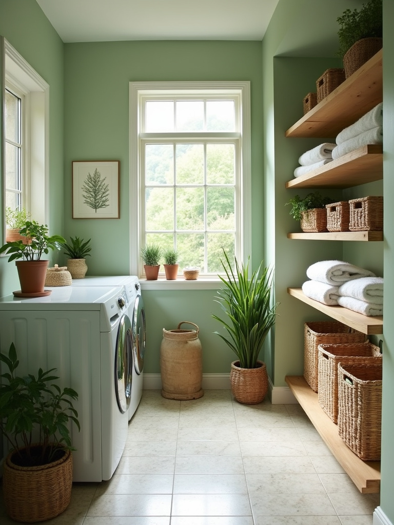 Sage green laundry room with natural light, wooden shelving, and potted plants.