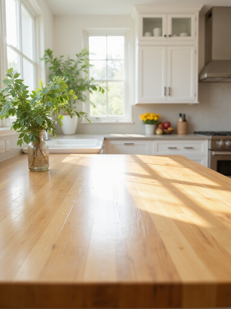 Modern kitchen with warm-toned bamboo countertops and natural light